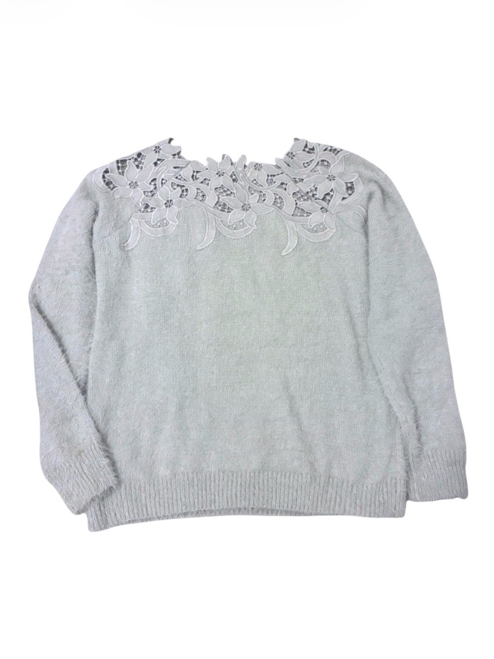 En Creme Gray Floral Lace Neckline Soft Fuzzy Sweater Size Small / Medium